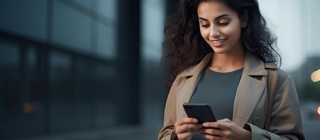 Junge indische Frau hält ein Smartphone in der Hand und schreibt isoliert auf grauem Hintergrund SMS in sozialen Medien