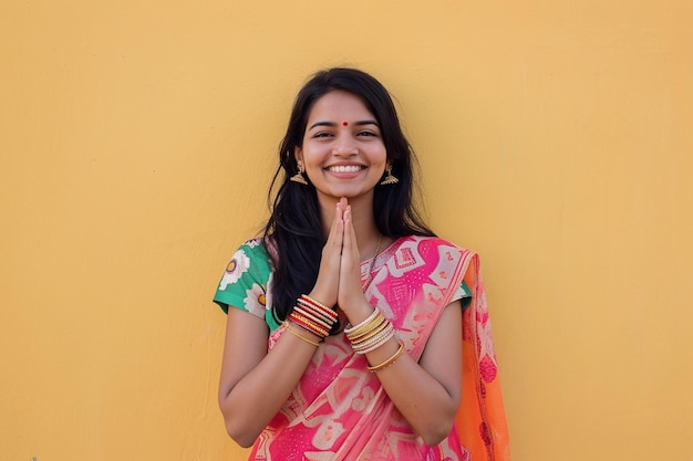 junge indische Frau namaste und lächelnd