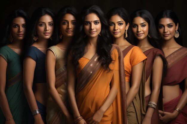 Junge indische Frauen gruppieren sich im traditionellen Saree und stehen zusammen