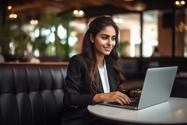 Junge indische Geschäftsfrau oder Firmenangestellte mit Laptop