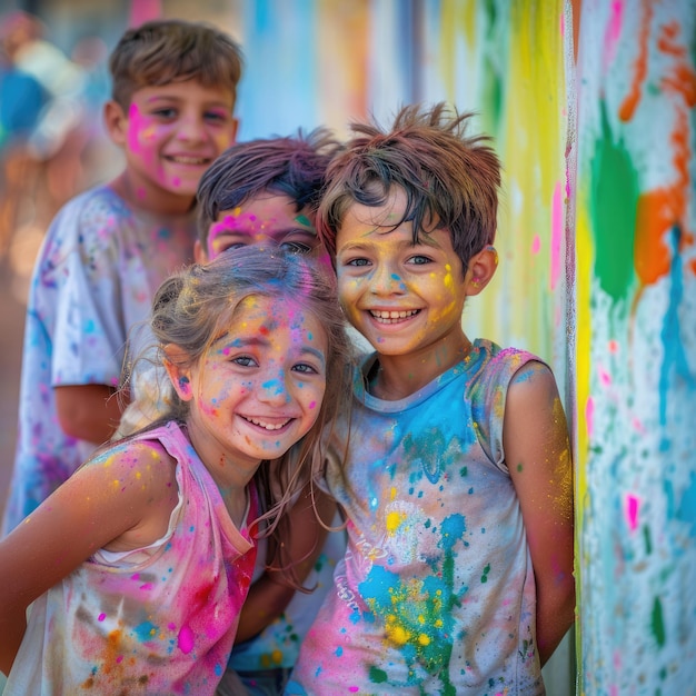 Junge indische Jungen und Mädchen spielen Holi Color Festival Rohbild KI-generierte Tradition Ce