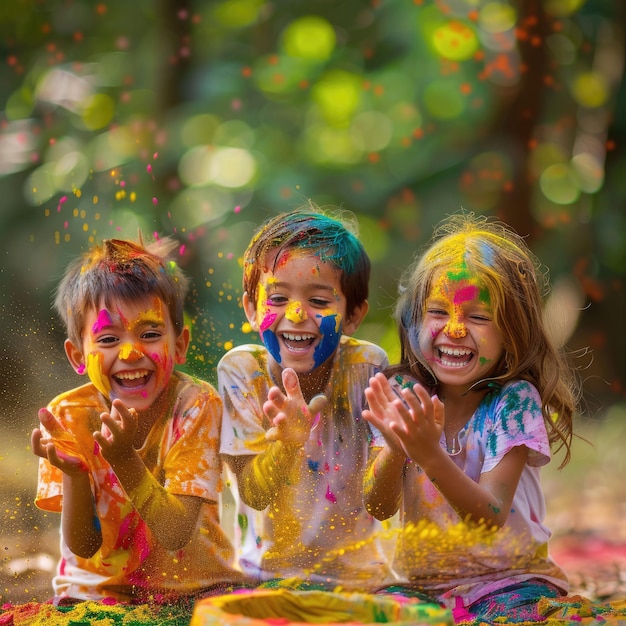 Junge indische Jungen und Mädchen spielen Holi Color Festival Rohbild KI-generierte Tradition Ce