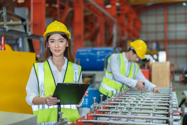 Junge Ingenieurin trägt Sicherheitsweste mit gelbem Helm, die Maschine auf Dokument in der Fabrik überprüft