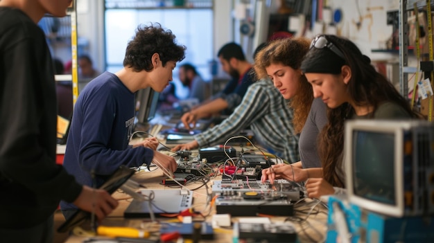 Foto junge ingenieursstudenten arbeiten an der elektronik aig41