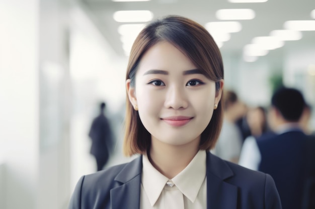 Junge, intelligente asiatische Geschäftsfrau mit lächelndem Gesicht, die vor dem verschwommenen Hintergrund des geschäftigen Büros steht Generative AI AIG20