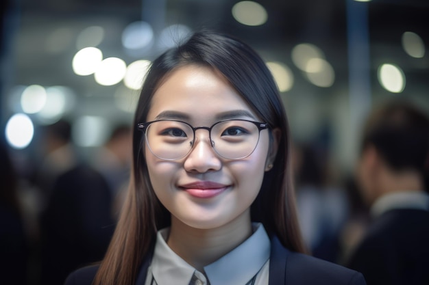 Junge, intelligente asiatische Geschäftsfrau mit lächelndem Gesicht, die vor dem verschwommenen Hintergrund des geschäftigen Büros steht Generative AI AIG20