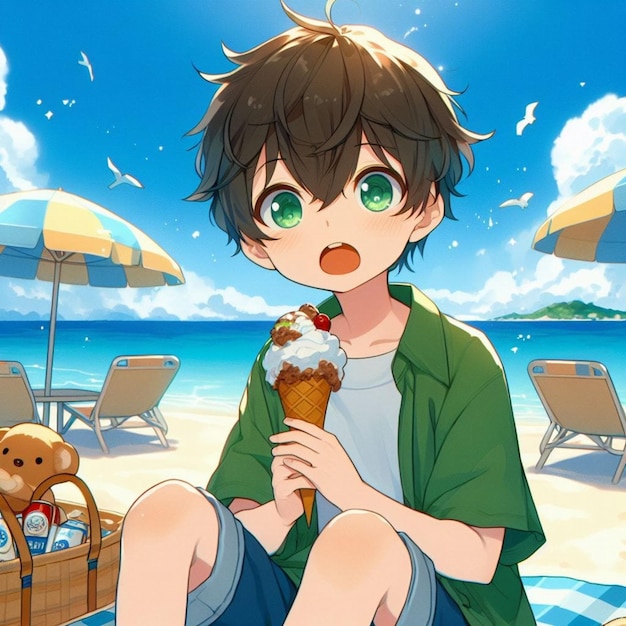 Junge isst Eis am Strand