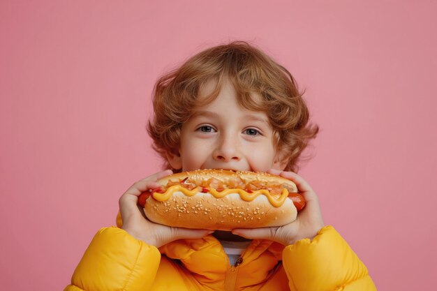 Junge isst Hotdog in auf Pastell-Hintergrund Minimal-Stil High Stock-Stil