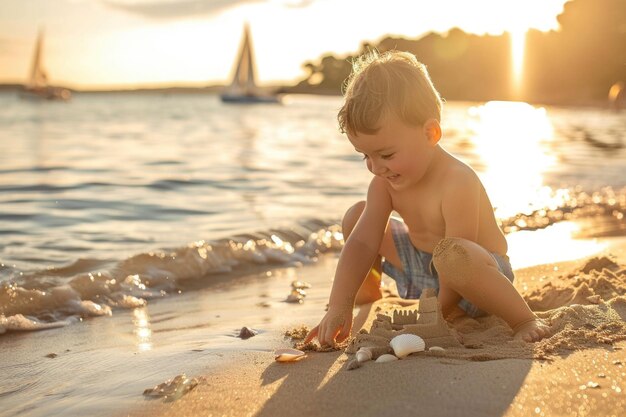 Junge Junge baut bei Sonnenuntergang ein Sandschloss an einem Strand Unschuld und Freude in einer warmen goldenen Szene