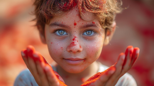 Foto junge junge, der mit roter farbe bedeckt ist