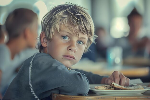 Junge Junge genießt die Mittagspause in der Schule und sieht zufrieden und entspannt aus Konzept Schulpause Zufriedenheit Entspannung Mittagszeit Junger Junge