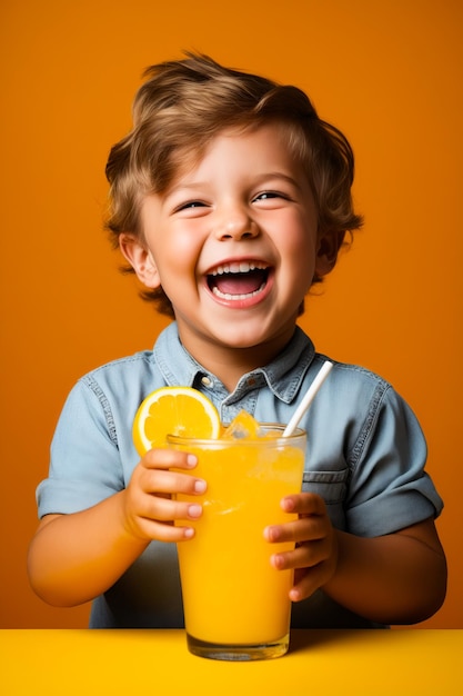 Junge Junge hält ein Glas Orangensaft und lächelt in die Kamera Generative KI