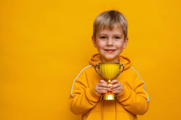 Junge Junge hält eine Trophäe auf gelbem Hintergrund