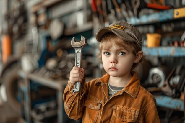 Junge Junge hält einen Schraubenschlüssel in der Garage