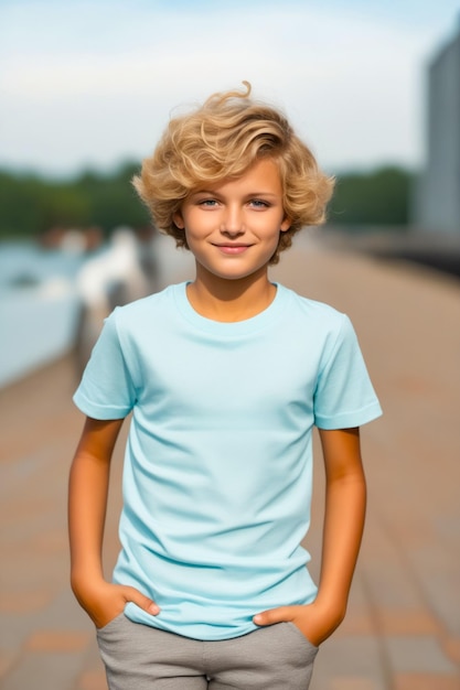 Junge Junge mit blonden Haaren und blauem Hemd Generative KI