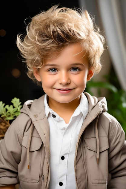 Junge Junge mit einem Lächeln auf dem Gesicht und einer Pflanze im Hintergrund