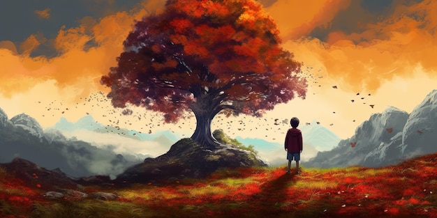 Junge Junge schaut sich den riesigen Herbstbaum am Horizont an, eine Illustration im digitalen Kunststil