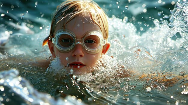 Foto junge junge schwimmt mit schutzbrille im ozean