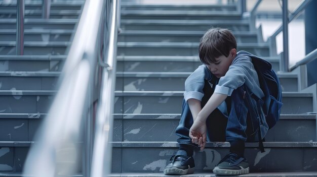 Foto junge junge sitzt auf der treppe