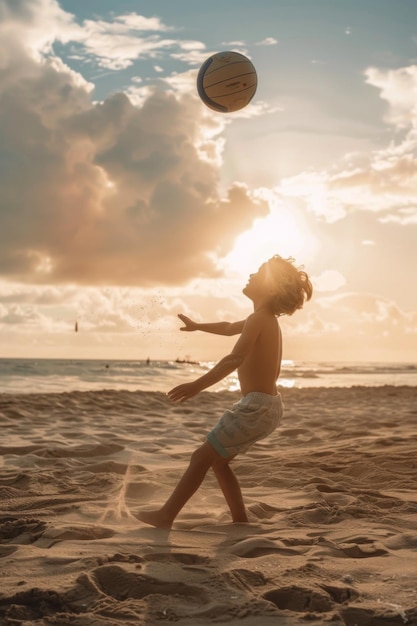 Foto junge junge spielt bei sonnenuntergang volleyball am strand
