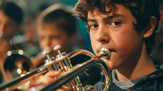 Junge Junge spielt Trompete bei der Probe der Schulband