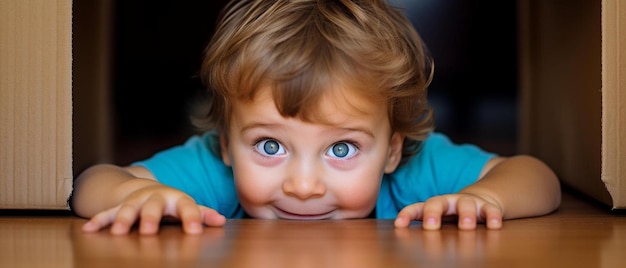 Foto junge junge spielt verstecken in einer kartonschachtel in seinem zimmer