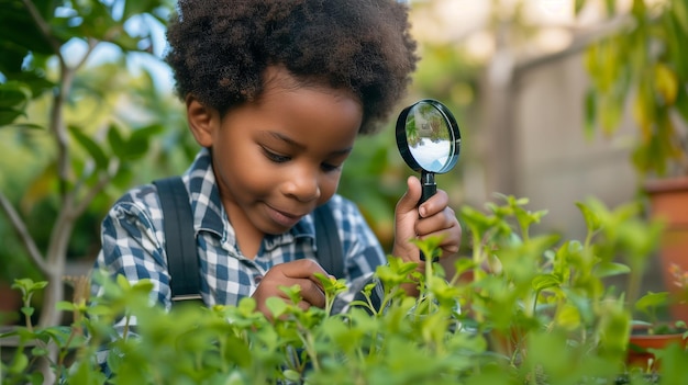 Junge Junge untersucht eine Pflanze mit einer Lupe