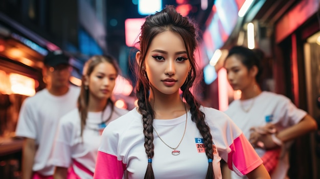 Junge K-Pop-Tänzerin mit Neonlicht auf der Straße Generative KI