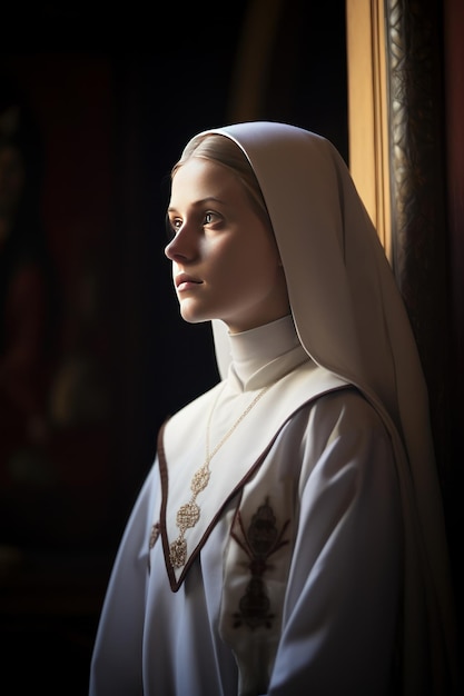 Junge katholische Nonne betet in einer katholischen Kirche