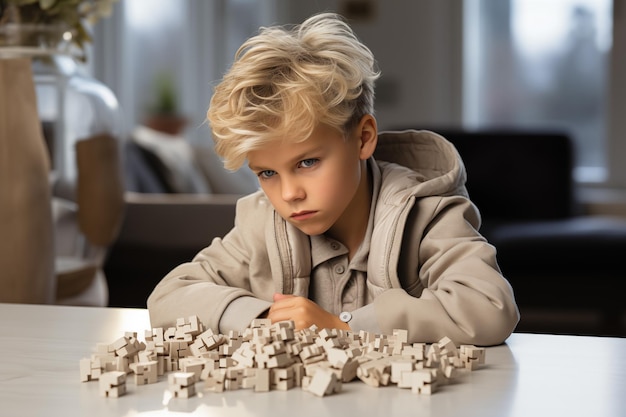 Junge kaukasische blonde Junge mit Holzpuzzle Kindesgeistesgesundheitskonzept Autismus-Spektrumstörung Bewusstseinskonzept Bildung Innenraum Hintergrund Kopierraum