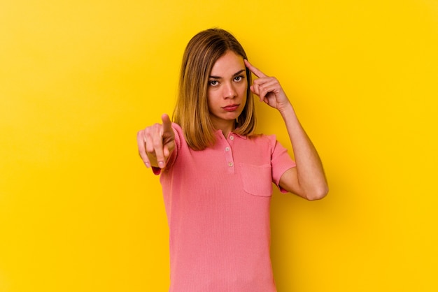 Junge kaukasische dünne Frau lokalisiert auf gelbe Wand, die Tempel mit Finger zeigt, denkend, konzentriert auf eine Aufgabe.