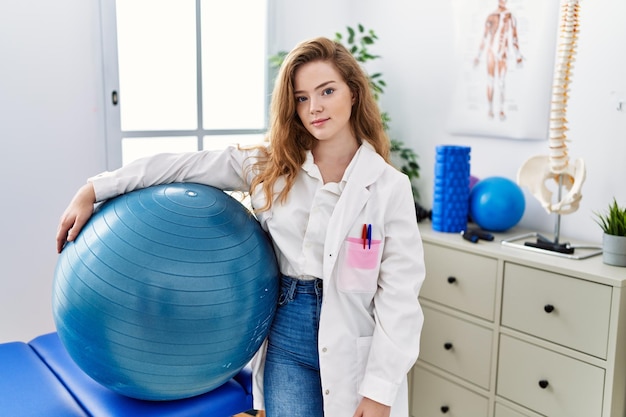 Junge kaukasische Frau, die in einer Rehabilitationsklinik arbeitet und eine Pilates-Ball-Denkhaltung und einen nüchternen Ausdruck hält, der selbstbewusst aussieht