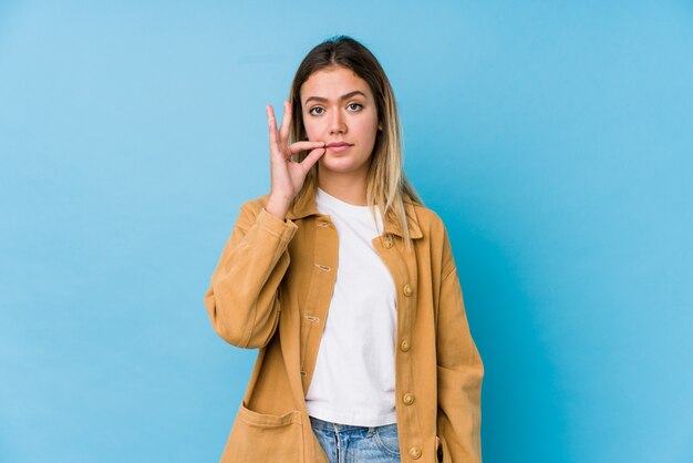 Junge kaukasische Frau mit den Fingern auf den Lippen, die ein Geheimnis halten.