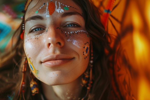 junge kaukasische Hippie-Frau mit farbenfrohem, gemaltem Make-up, eklektischer Earthcore-Stil, Nahaufnahmeporträt