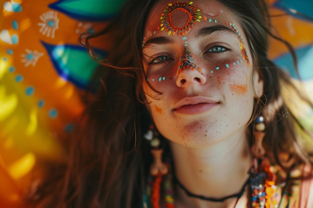 junge kaukasische Hippie-Frau mit farbenfrohem, gemaltem Make-up, eklektischer Earthcore-Stil, Nahaufnahmeporträt