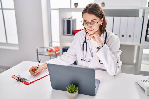 Junge kaukasische Ärztin, die Laptop verwendet, um auf Dokument in der Klinik zu schreiben