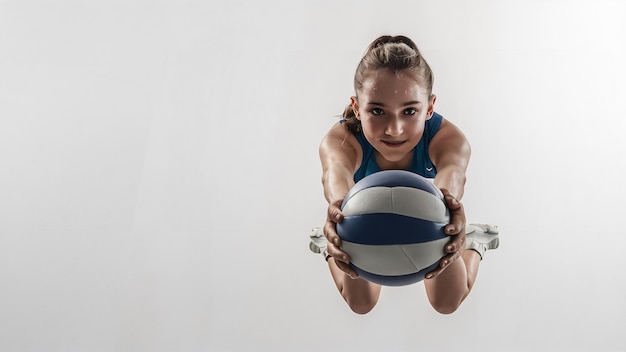 Junge kaukasische Volleyballspielerin, die auf weißem Hintergrund isoliert sitzt