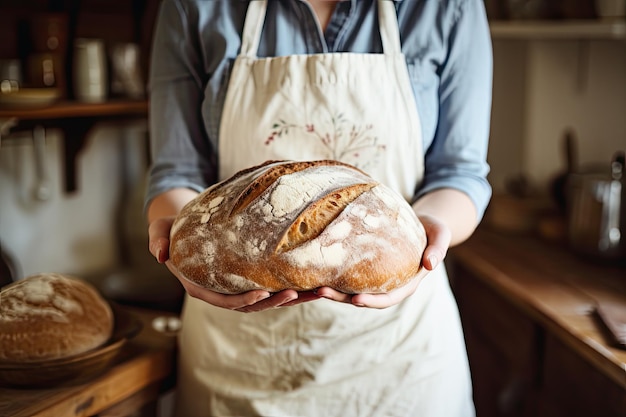 Junge kaukasische weibliche Bäckerin in Schürze hält rundes Brot in den Händen und neben dem Brett, wo lange liegt