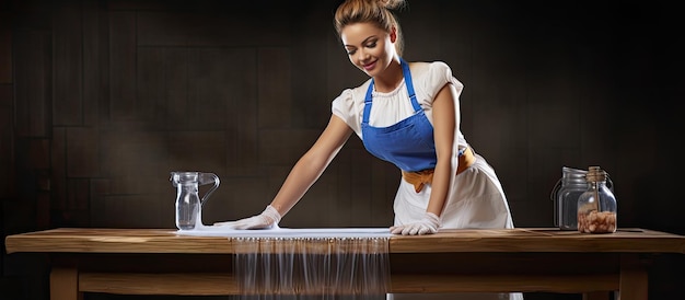 Junge Kellnerin putzt den Tisch für neue Restaurantgäste, während sie eine Schürze trägt und Reinigungsmittel verwendet