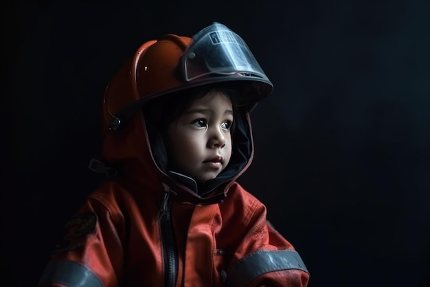 Foto junge kind in uniform anzug helm des helden des tapferen berufs des feuerwehrmanns schwarzer hintergrund isolieren