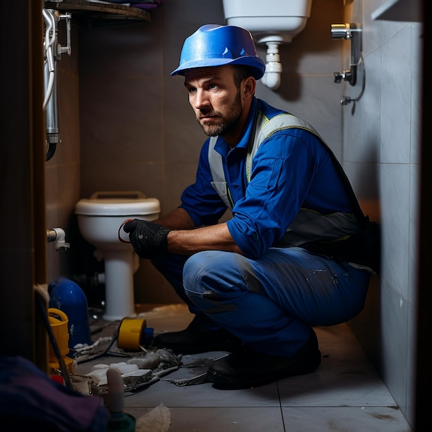 Foto junge klempner in blauer kleidung