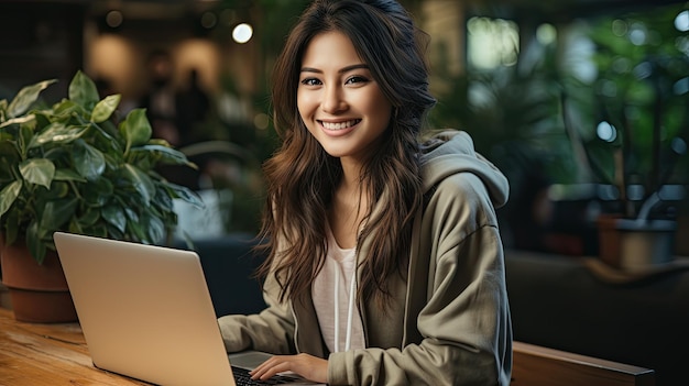 Junge, kluge, asiatische Frau, freiberuflich online, arbeitet von zu Hause mit Laptop