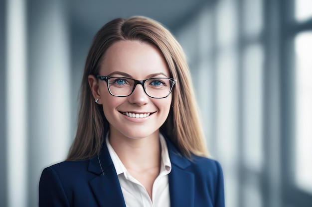 Junge, kluge Geschäftsfrau, die im verschwommenen Hintergrund der generativen KI im Büro steht