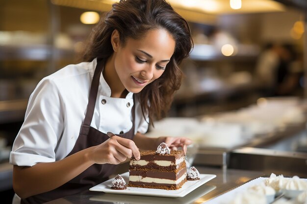 junge Kochgebäckfrau bereitet Gebäck in der Küche vor, lächelt und bereitet einen Kuchen vor