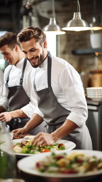 junge Köche in Schürzen servieren sorgfältig Mahlzeiten in weißen Keramikgeschirren in der Restaurantküche