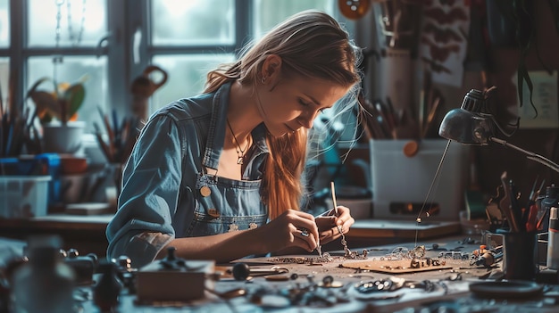 Foto junge, konzentrierte künstlerin arbeitet in ihrem studio an ihrer neuesten metallschmuckkreation