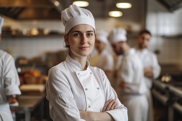 Junge Küchenköchin mit professionellem Küchenteam