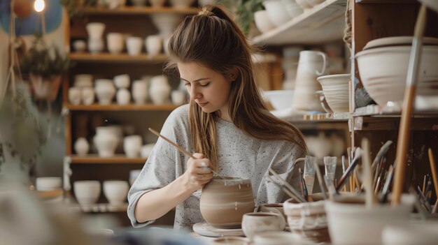 Junge Künstlerin malt eine Keramikvase in ihrem Atelier Sie konzentriert sich auf ihre Arbeit und ist von Regalen mit Töpferwaren umgeben