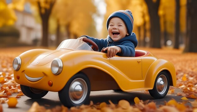 Junge lacht laut, während er in einem Spielzeugwagen fährt