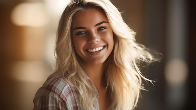 Junge lächelnde blonde Frau posiert auf weichem, unscharfem Hintergrund. Generative KI